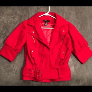 Red Wool Belted Cropped Jacket XS Zipper Pinup
